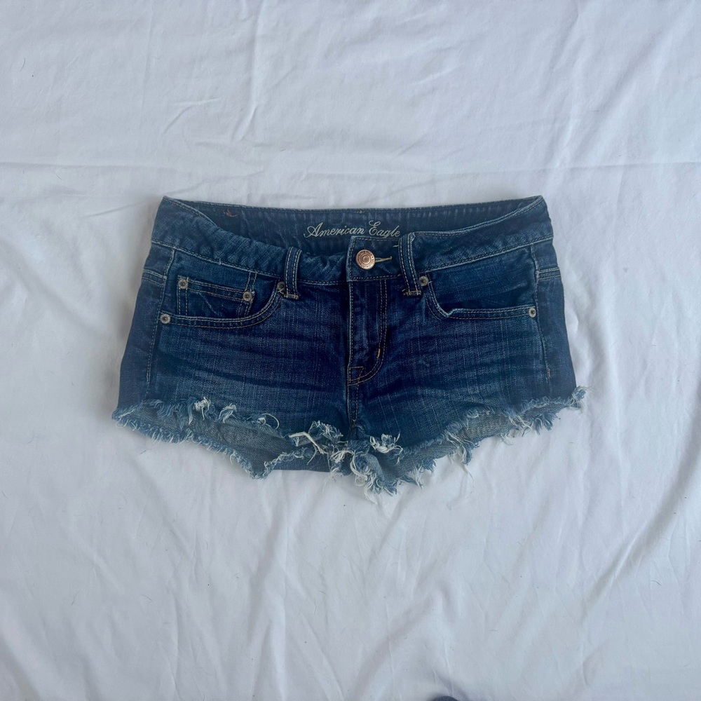 American Eagle Outfitters Dark Blue Frayed Jean Shorts